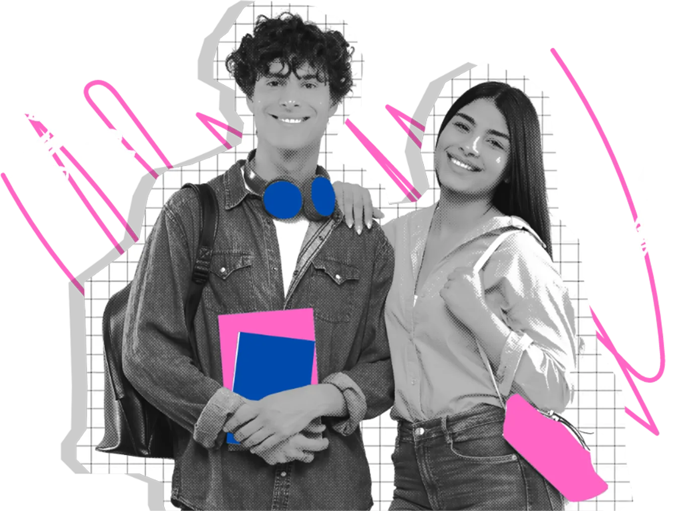 Ein Junge und Mädchen stehen nebeneinander vor schwarz-weiß kariertem Hintergrund mit weißen Zahlen