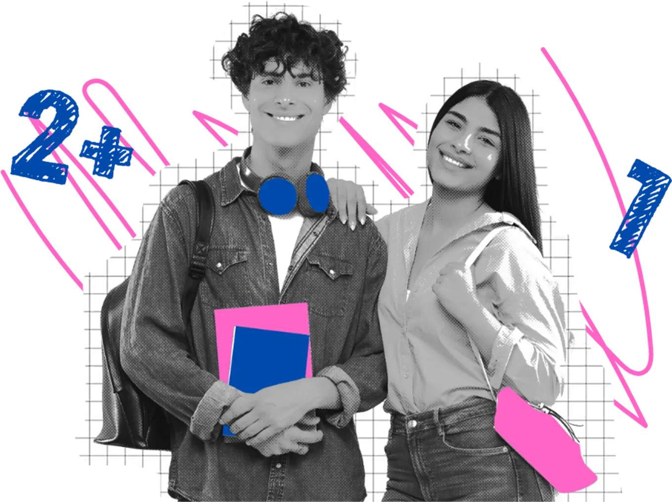 Ein Junge und Mädchen stehen nebeneinander vor schwarz-weiß kariertem Hintergrund mit blauen Zahlen